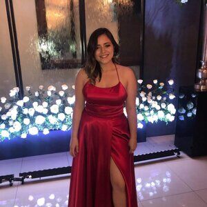 Besty Adam Red Satin Maxi Dress Withe Side Slit